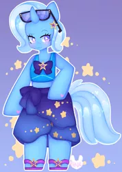 Size: 2495x3500 | Tagged: safe, artist:bunxl, derpibooru import, trixie, semi-anthro, unicorn, equestria girls, equestria girls series, forgotten friendship, :3, bow, clothes, equestria girls outfit, female, gradient background, heart, mare, solo, sports bra, starry eyes, stars, sunglasses, swimsuit, wingding eyes