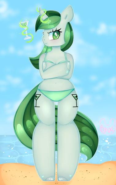 Size: 1892x3000 | Tagged: safe, artist:bunxl, derpibooru import, oc, unofficial characters only, anthro, unicorn, :t, anatomically incorrect, angry, arm hooves, beach, belly button, bikini, blushing, clothes, cocktail, cocktail glass, crossed arms, female, incorrect leg anatomy, levitation, looking at you, magic, signature, skull, skull eyes, solo, swimsuit, telekinesis, wingding eyes