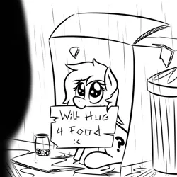 Size: 512x512 | Tagged: safe, artist:glimglam, derpibooru import, edit, oc, oc:anonfilly, unofficial characters only, begging, cardboard box, cute, female, filly, homeless, lineart, looking up, rain, sitting, solo, text, tip jar, trash, trash can, will x for y