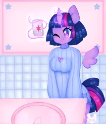 Size: 3000x3500 | Tagged: safe, artist:bunxl, derpibooru import, twilight sparkle, alicorn, anthro, arm behind back, blushing, camera, cleavage window, clothes, female, glowing horn, heart, heart eyes, kissy face, magic, mare, mirror, mobile phone, one eye closed, open-chest sweater, phone, selfie, signature, smartphone, solo, sweater, telekinesis, twilight sparkle (alicorn), wingding eyes, wink