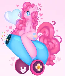 Size: 3000x3500 | Tagged: safe, artist:bunxl, derpibooru import, pinkie pie, earth pony, semi-anthro, anatomically incorrect, aside glance, blowing bubbles, bubble, confetti, female, heart, heart eyes, incorrect leg anatomy, looking at you, mare, party cannon, sideways glance, signature, sitting, solo, wingding eyes