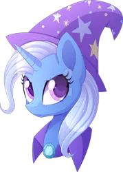 Size: 900x1256 | Tagged: safe, artist:scarlet-spectrum, derpibooru import, trixie, pony, unicorn, bust, cape, clothes, commission, female, hat, horn, looking at you, mare, simple background, solo, transparent background, trixie's cape, trixie's hat, watermark