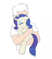 Size: 755x870 | Tagged: safe, artist:carnifex, derpibooru import, rarity, oc, oc:rare, unofficial characters only, human, pony, unicorn, fanfic, bootleg, curved horn, cute, duo, eyes closed, eyeshadow, fanfic art, female, floppy ears, holding a pony, hug, human male, makeup, male, mare, simple background, white background