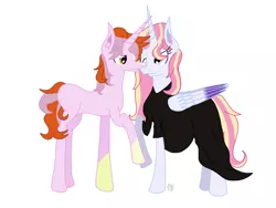 Size: 2048x1536 | Tagged: safe, artist:commandereclipse, derpibooru import, oc, oc:mistral violet, oc:solar shine, unofficial characters only, alicorn, unicorn, alicorn oc, clothes, colored wings, couple, cute, dress, female, husband and wife, kiss on the cheek, kissing, male, mishine, multiple pregnancy, nuzzling, oc x oc, offspring, offspring shipping, one eye closed, parent:princess cadance, parent:shining armor, parent:starlight glimmer, parent:sunburst, parents:shiningcadance, parents:starburst, pregnant, shipping, straight