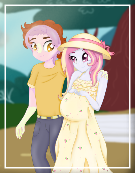 Size: 1024x1311 | Tagged: safe, artist:bonsia-lucky, derpibooru import, oc, oc:mistral violet, oc:solar shine, unofficial characters only, equestria girls, clothes, couple, cute, dress, equestria girls-ified, female, hand on shoulder, hat, husband and wife, male, mishine, multiple pregnancy, oc x oc, offspring, offspring shipping, parent:princess cadance, parent:shining armor, parent:starlight glimmer, parent:sunburst, parents:shiningcadance, parents:starburst, park, pregnant, shipping, straight