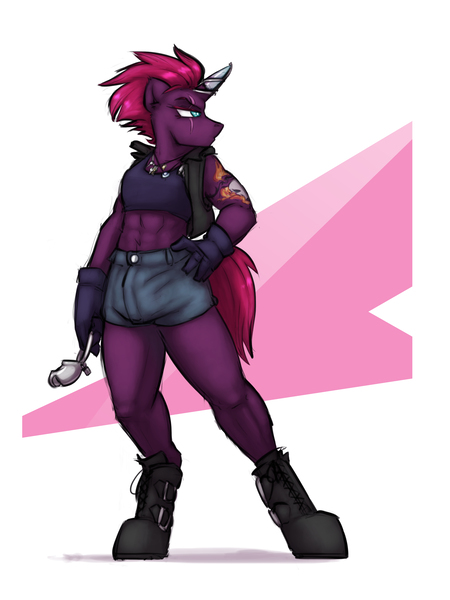 Size: 3000x4000 | Tagged: anthro, artist:krd, bdsm, bondage, bondage gear, boots, chastity, chastity cage, clothes, crotch bulge, derpibooru import, fake horn, futa, futa tempest shadow, gloves, halter top, hand on hip, high res, intersex, jewelry, my little pony: the movie, necklace, questionable, serious, serious face, shoes, shorts, simple background, solo, solo futa, tattoo, tempest shadow, unguligrade anthro, vest