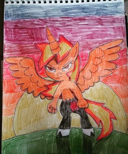 Size: 800x960 | Tagged: alicorn, anthro, artist:tobiisabunny, dawn, death stare, derpibooru import, evil, frown, hate, oc, oc:daybreak flare, rising sun, safe, satyr, solo, sun, the marevolent six, the power of hate, watermark