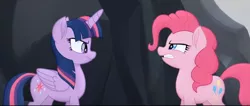 Size: 848x359 | Tagged: safe, derpibooru import, screencap, pinkie pie, twilight sparkle, twilight sparkle (alicorn), alicorn, earth pony, pony, my little pony: the movie, angry, argument, basalt beach, duo, duo female, face to face, female, frustrated, mare, scowl