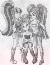 Size: 837x1091 | Tagged: artist needed, suggestive, derpibooru import, adagio dazzle, aria blaze, sonata dusk, equestria girls, belly button, breast envy, breasts, cleavage, delicious flat chest, flatdagio dazzle, grayscale, midriff, monochrome, pencil drawing, the dazzlings, traditional art