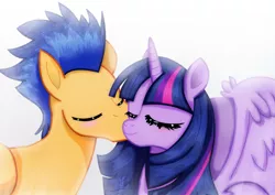 Size: 1600x1131 | Tagged: safe, artist:jotakaanimation, derpibooru import, flash sentry, twilight sparkle, twilight sparkle (alicorn), alicorn, pegasus, pony, blushing, eyes closed, female, flashlight, kiss on the cheek, kissing, male, shipping, simple background, smiling, straight, white background