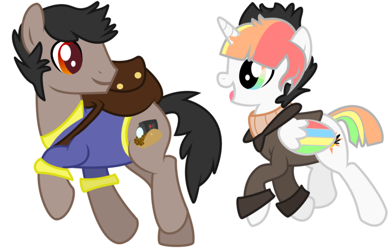 Size: 5154x3255 | Tagged: safe, artist:1ittlebird, derpibooru import, oc, oc:prismatic blitz, unofficial characters only, alicorn, earth pony, pony, bag, bomber jacket, clothes, colored wings, female, high res, jacket, male, mare, multicolored wings, saddle, simple background, stallion, tack, transparent background