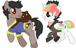 Size: 5154x3255 | Tagged: safe, artist:1ittlebird, derpibooru import, oc, oc:prismatic blitz, unofficial characters only, alicorn, earth pony, pony, bag, bomber jacket, clothes, colored wings, female, high res, jacket, male, mare, multicolored wings, saddle, simple background, stallion, tack, transparent background