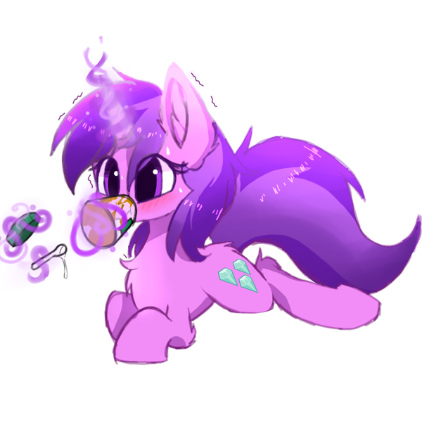 Size: 1000x1000 | Tagged: safe, artist:heddopen, derpibooru import, amethyst star, pony, unicorn, blushing, chest fluff, cute, ear fluff, female, fluffy, food, glowing horn, horse problems, leg fluff, levitation, magic, mare, peanut butter, prone, shaking, shivering, simple background, solo, stuck, sweat, sweatdrop, telekinesis, that pony sure loves peanut butter, white background