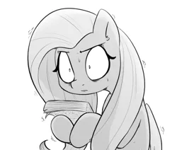 Size: 557x473 | Tagged: safe, artist:shoutingisfun, derpibooru import, fluttershy, pegasus, pony, ear fluff, female, grayscale, hoof hold, mare, monochrome, paper, shaking, shocked, shrunken pupils, simple background, solo, spooked, white background