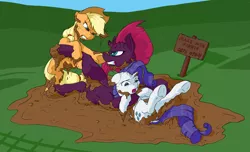 Size: 2227x1356 | Tagged: safe, artist:anonymous, derpibooru import, applejack, rarity, tempest shadow, earth pony, pony, unicorn, my little pony: the movie, bipedal, bipedal leaning, broken horn, chokehold, drawthread, female, leaning, mare, mud, mud wrestling, on back, request, strategically covered, trio, underhoof