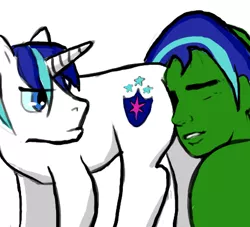 Size: 450x409 | Tagged: suggestive, artist:anonymous, derpibooru import, shining armor, oc, oc:anon, human, pony, unicorn, drawthread, duo, gay, human male, male, meme, plot, request, simple background, stallion, tell me your secrets, unamused, white background, yaranaika