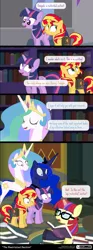 Size: 800x2160 | Tagged: safe, artist:dm29, derpibooru import, moondancer, princess celestia, princess luna, sunset shimmer, twilight sparkle, twilight sparkle (alicorn), alicorn, pony, unicorn, equestria girls, equestria girls series, forgotten friendship, book, bookshelf, canterlot library, comic, library, saddle bag