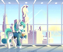 Size: 3777x3159 | Tagged: safe, artist:airiniblock, derpibooru import, oc, unofficial characters only, pony, unicorn, bridge, city, clothes, coffee, commission, crystaller building, cup, female, hoof hold, manehattan, mare, rcf community, snow, solo, window, winter