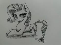 Size: 4128x3096 | Tagged: safe, artist:ironbeastz, derpibooru import, rarity, pony, unicorn, female, high res, mare, monochrome, prone, solo, traditional art