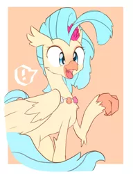 Size: 1569x2048 | Tagged: artist:akainu_pony, chest fluff, classical hippogriff, cute, derpibooru import, exclamation point, female, floppy ears, flower, flower in hair, fluffy, freckles, hippogriff, leg fluff, my little pony: the movie, open mouth, princess skystar, raised hoof, safe, seashell necklace, simple background, skyabetes, smiling, solo, speech bubble
