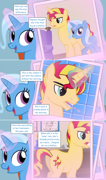 Size: 1280x2168 | Tagged: safe, artist:hakunohamikage, derpibooru import, sunset shimmer, trixie, pony, ask-princesssparkle, ask, female, half r63 shipping, magic, photo, plot, rule 63, shipping, size difference, sunset glare, toothbrush, transformation, transgender transformation, trixglare, tumblr