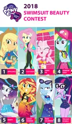 Size: 872x1492 | Tagged: safe, derpibooru import, screencap, applejack, fluttershy, pinkie pie, rainbow dash, rarity, sci-twi, sunset shimmer, trixie, twilight sparkle, equestria girls, equestria girls series, forgotten friendship, clothes, humane five, humane seven, humane six, rock horse, swimsuit, swimsuit beauty contest