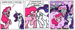 Size: 939x374 | Tagged: safe, artist:gingerfoxy, derpibooru import, pinkie pie, rarity, earth pony, pony, unicorn, pony comic generator, bump bump sugar lump rump, butt to butt, butt touch, comic, cotton candy, cotton candy vendor, papa beard, simple background, white background