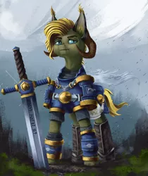 Size: 2749x3275 | Tagged: safe, artist:weirdcloud, derpibooru import, oc, original species, pony, armor, colored, ear tufts, fangs, fantasy class, knight, painting, ram horns, runes, scenery, scenery porn, solo, sword, warrior, weapon