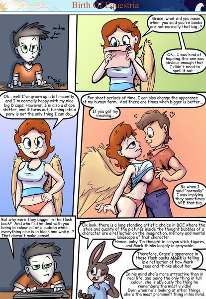 Size: 1280x1853 | Tagged: artist insert, artist:shieltar, ask, breast expansion, breasts, clothes, comic, comic:birth of equestria, derpibooru import, dialogue, furry, growth, human, lidded eyes, oc, oc:big mark, oc:grace harmony, orange underwear, panties, paper, questionable, rabbit, shirt, underboob, underwear, unofficial characters only, winged human