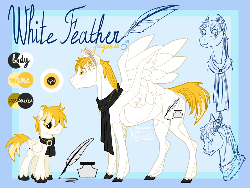 Size: 3850x2893 | Tagged: safe, artist:perle-de-suie, derpibooru import, oc, oc:white feather, unofficial characters only, pegasus, pony, clothes, colored hooves, high res, jewelry, male, necklace, reference sheet, scarf, solo, spread wings, stallion, unshorn fetlocks, wings