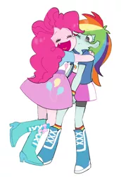 Size: 500x700 | Tagged: safe, artist:gyunyu, derpibooru import, pinkie pie, rainbow dash, human, equestria girls, boots, clothes, compression shorts, cute, cute little fangs, dashabetes, diapinkes, fangs, female, glomp, high heel boots, hug, moe, one eye closed, shoes, shorts, simple background, skirt, socks, white background