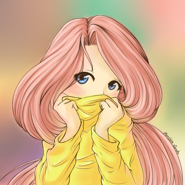 Size: 2000x2000 | Tagged: artist:lovely-words, blushing, clothes, cute, derpibooru import, female, fluttershy, gradient background, human, humanized, looking at you, safe, shy, shyabetes, solo, sweater, sweatershy