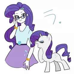 Size: 1013x1020 | Tagged: safe, artist:gyunyu, derpibooru import, rarity, human, pony, equestria girls, belt, breasts, cleavage, clothes, female, glasses, nail polish, simple background, skirt, white background