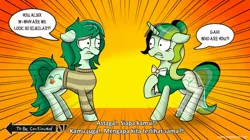 Size: 1248x700 | Tagged: safe, artist:alphatea, derpibooru import, wallflower blush, oc, oc:caca yasmina, unicorn, equestria girls, equestria girls series, forgotten friendship, comic, dialogue, gasp, green, hoof on chest, indonesian, jojo's bizarre adventure, looking at each other, rule 63, shocked, shocked expression, similarities, standing, subtitles, to be continued, to be continued (meme)