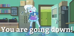 Size: 1080x526 | Tagged: safe, derpibooru import, edit, edited screencap, screencap, trixie, equestria girls, equestria girls series, forgotten friendship, angry, boots, canterlot high, clothes, female, high heel boots, high heels, hoodie, image macro, meme, pointing, shoes, sick puppies, skirt, socks, solo, trixie yells at everything