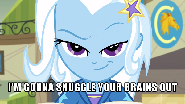 Size: 600x339 | Tagged: safe, derpibooru import, edit, edited screencap, screencap, trixie, equestria girls, equestria girls series, forgotten friendship, bedroom eyes, caption, cute, diatrixes, image macro, meme, raised eyebrow, smiling, smirk, solo, trixie yells at everything