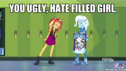 Size: 600x337 | Tagged: safe, derpibooru import, edit, edited screencap, screencap, sunset shimmer, trixie, equestria girls, equestria girls series, forgotten friendship, hurricane neddy, image macro, meme, out of character, the simpsons