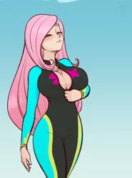 Size: 1403x1900 | Tagged: suggestive, artist:scorpdk, derpibooru import, fluttershy, human, equestria girls, equestria girls series, forgotten friendship, absolute cleavage, big breasts, breasts, busty fluttershy, cleavage, clothes, eyes closed, female, huge breasts, humanized, jewelry, lips, necklace, sexy, shell, sinfully sexy, skintight clothes, solo, solo female, stupid sexy fluttershy, swimsuit, unzipping, wetsuit