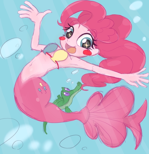 Size: 900x929 | Tagged: safe, artist:noupu, derpibooru import, gummy, pinkie pie, mermaid, equestria girls, my little pony: the movie, armpits, belly button, bikini, bikini top, clothes, looking at you, mermaidized, midriff, species swap, starry eyes, swimsuit, underwater, wingding eyes