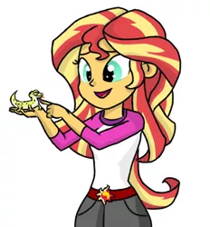 Size: 650x700 | Tagged: safe, artist:boushi33, derpibooru import, ray, sunset shimmer, gecko, eqg summertime shorts, equestria girls, legend of everfree, pet project, camp everfree outfits, clothes, cute, duo, open mouth, pet, shimmerbetes, shorts, simple background, white background