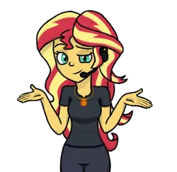 Size: 682x663 | Tagged: safe, artist:boushi33, derpibooru import, sunset shimmer, equestria girls, equestria girls series, opening night, choose sunset shimmer, clothes, female, geode of empathy, headset, looking at you, pants, simple background, solo, transparent background