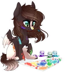 Size: 1300x1389 | Tagged: safe, artist:skimea, derpibooru import, oc, oc:coconut, unofficial characters only, pegasus, pony, female, filly, paint, paintbrush, simple background, sitting, solo, transparent background