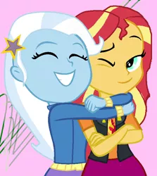 Size: 638x716 | Tagged: safe, artist:grapefruitface1, derpibooru import, sunset shimmer, trixie, equestria girls, equestria girls series, forgotten friendship, base used, duo, female, hug, lesbian, requested art, shipping, smiling, suntrix