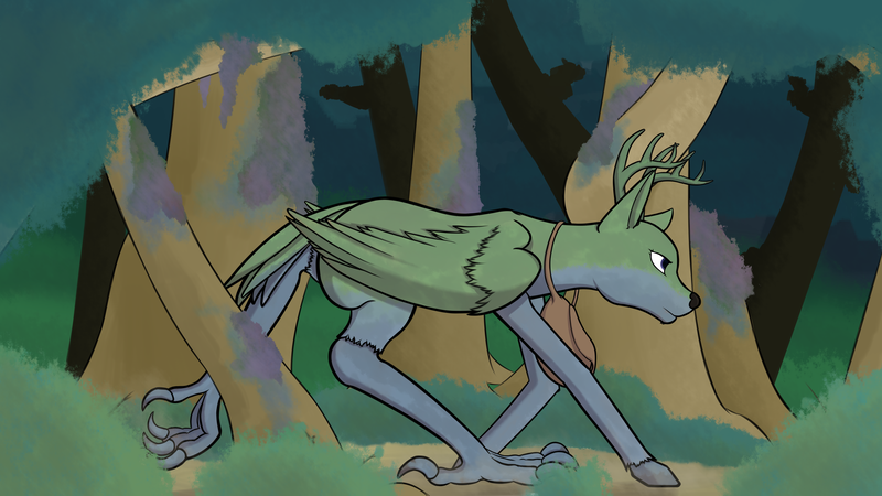 Size: 4608x2592 | Tagged: artist:cloudyskieswrites, deer, derpibooru import, fanfic, fanfic art, fanfic:to perytonia, forest, high res, oc, oc:brush, original species, peryton, safe, solo, tree, unofficial characters only