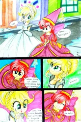 Size: 1925x2914 | Tagged: safe, artist:liaaqila, derpibooru import, apple bloom, applejack, comic:the farm princesses, equestria girls, for whom the sweetie belle toils, adorabloom, alternate hairstyle, bow, cinderella, clothes, comic, cute, disney, dress, eyes closed, female, gloves, gown, hair bow, hat, hennin, jackabetes, sisters, smiling, speech bubble, traditional art