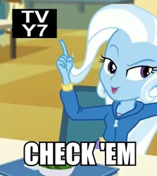 Size: 532x597 | Tagged: safe, derpibooru import, screencap, trixie, equestria girls, equestria girls series, forgotten friendship, cafeteria, check em, clothes, dress, food, hoodie, image macro, meme, pointing, salad, trixie yells at everything, tv-y7