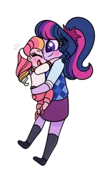 Size: 600x1000 | Tagged: safe, artist:carouselunique, derpibooru import, sci-twi, twilight sparkle, oc, oc:honeycrisp blossom, equestria girls, cute, hug, ocbetes, offspring, parent:big macintosh, parent:princess cadance, parents:cadmac, simple background, transparent background