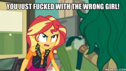 Size: 600x337 | Tagged: safe, derpibooru import, edit, edited screencap, screencap, sunset shimmer, wallflower blush, equestria girls, equestria girls series, forgotten friendship, angry, image macro, meme, vulgar