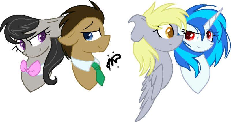 Size: 956x505 | Tagged: safe, artist:gallantserver, artist:thepegasisterpony, derpibooru import, derpy hooves, doctor whooves, octavia melody, time turner, vinyl scratch, earth pony, pegasus, pony, unicorn, derpyscratch, doctavia, female, image, lesbian, male, mare, png, shipping, simple background, stallion, straight, transparent background