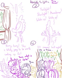 Size: 4779x6013 | Tagged: safe, artist:adorkabletwilightandfriends, derpibooru import, moondancer, spike, starlight glimmer, twilight sparkle, twilight sparkle (alicorn), alicorn, dragon, unicorn, comic:adorkable twilight and friends, absurd resolution, adorkable twilight, comic, cute, enjoyment, excitement, humor, line-up, lineart, morning, plot, plotline, sleepy, slice of life, snow, yawn